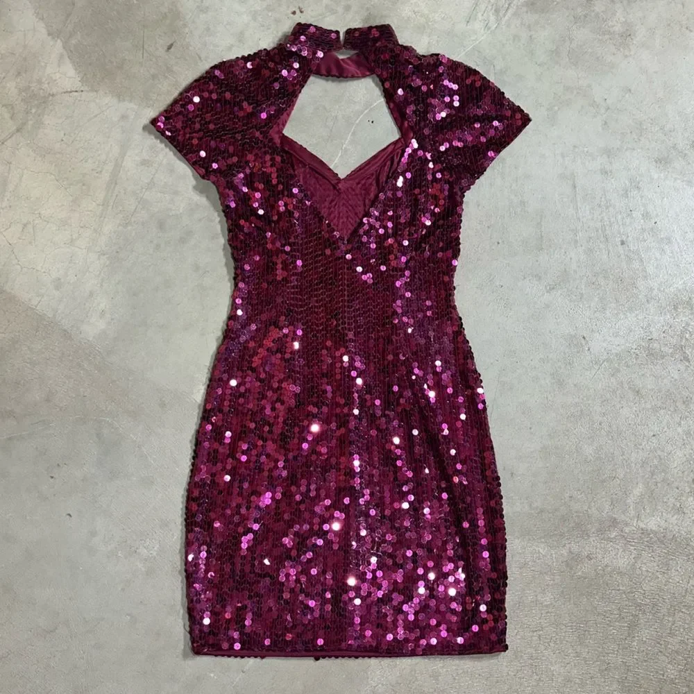 Vintage 90s Niteline by Della Roufogali Sequin Cocktail Dress Pink Fuschia Sz 4 - Picture 2 of 12